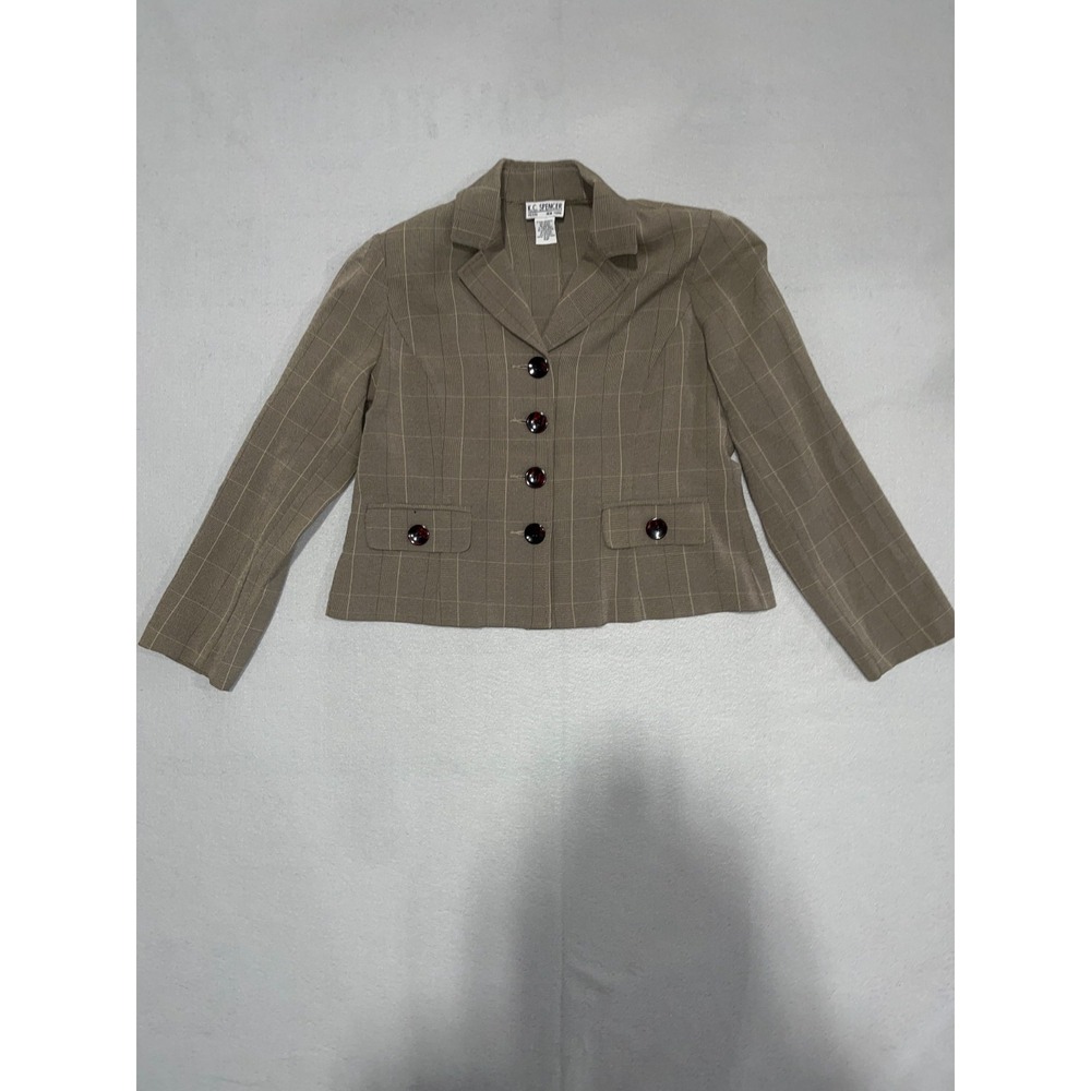 K.C. Spencer‎ Blazer Jacket Womens 10 Petite Brown Windowpane Check Notch Lapel